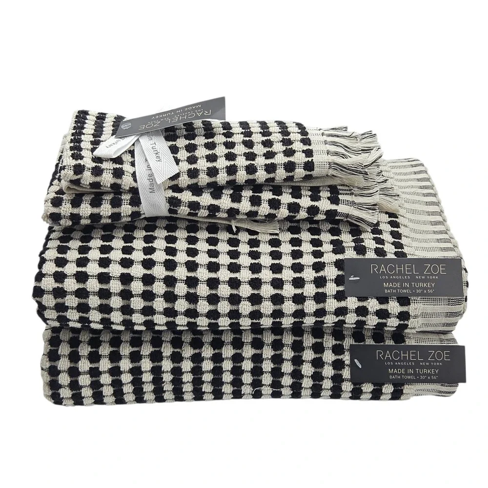 Rachel Zoe 4pc Turkish Cotton Towel Set Black Ecru Raised Dots 2 Bath 2 Hand